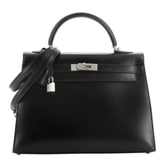 Hermes Kelly Handbag Noir Box Calf With Guilloche Palladium Hardware 32 