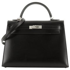 Hermes Kelly Handbag Noir Box Calf With Guilloche Palladium Hardware 32 