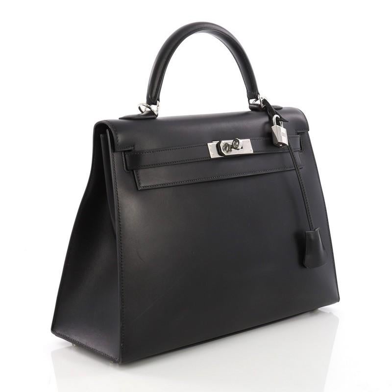 Black Hermes Kelly Handbag Noir Box Calf with Palladium Hardware 32