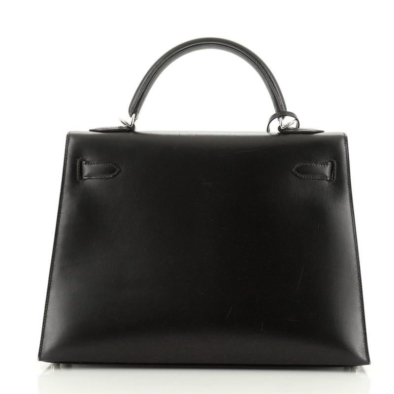 Black Hermes Kelly Handbag Noir Box Calf With Palladium Hardware 32 