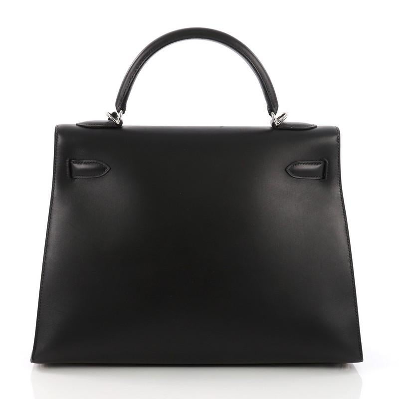 Hermes Kelly Handbag Noir Box Calf with Palladium Hardware 32 In Good Condition In NY, NY