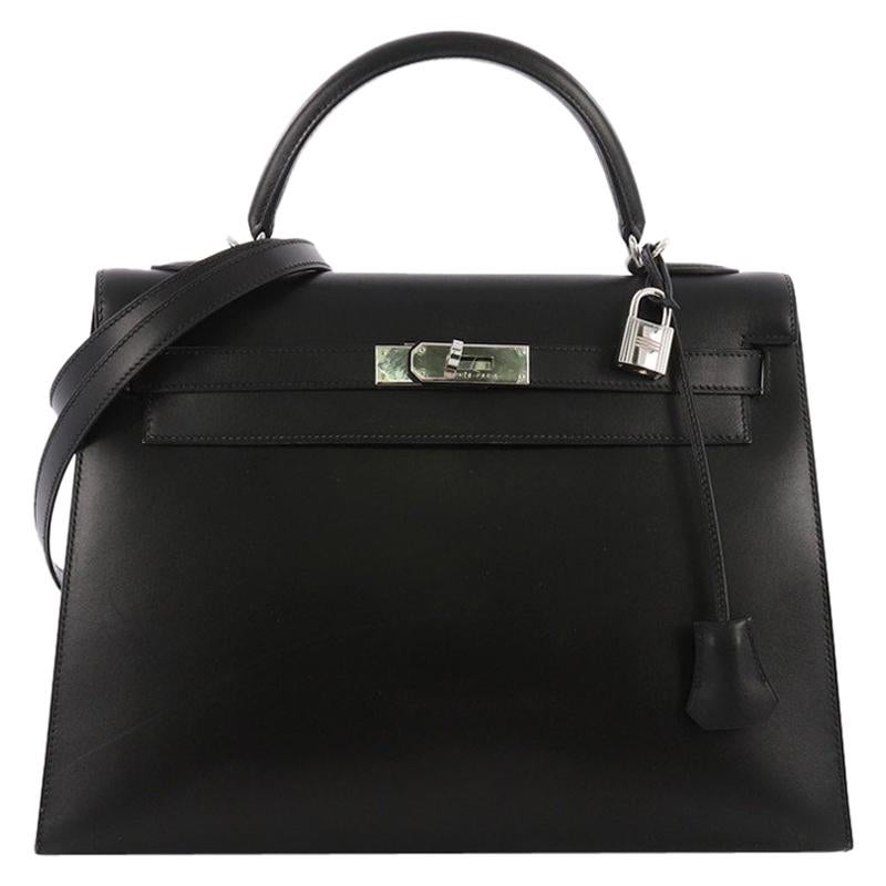 Hermes Kelly Handbag Noir Box Calf with Palladium Hardware 32