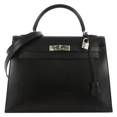 Hermes Kelly Handbag Noir Box Calf with Palladium Hardware 32