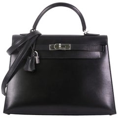 Hermes Kelly Handbag Noir Box Calf with Palladium Hardware 32 Hermes Kelly Handbag Noir Box Calf with Palladium Hardware 32