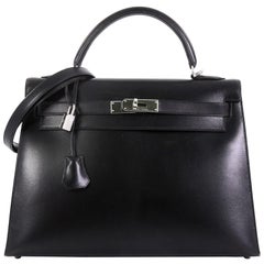 Hermes Kelly Handbag Noir Box Calf with Palladium Hardware 32