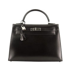 Hermes  Kelly Handbag Noir Box Calf with Palladium Hardware 32