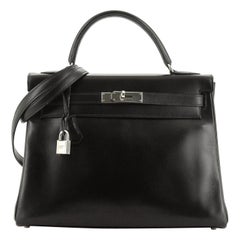 Hermes Kelly Handbag Noir Box Calf with Palladium Hardware 32