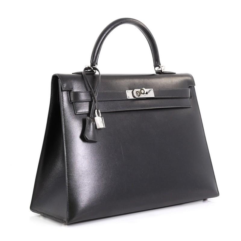 Black Hermes Kelly Handbag Noir Box Calf With Palladium Hardware 35 