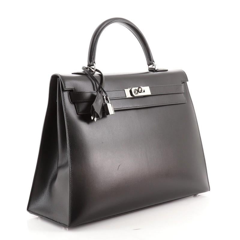 Black Hermes Kelly Handbag Noir Box Calf with Palladium Hardware 35