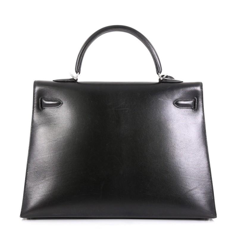 Hermes Kelly Handbag Noir Box Calf With Palladium Hardware 35  In Good Condition In NY, NY
