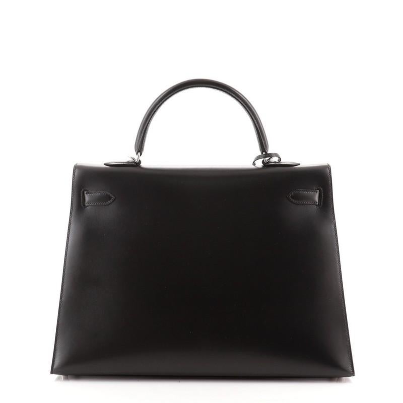 Hermes Kelly Handbag Noir Box Calf with Palladium Hardware 35 In Good Condition In NY, NY