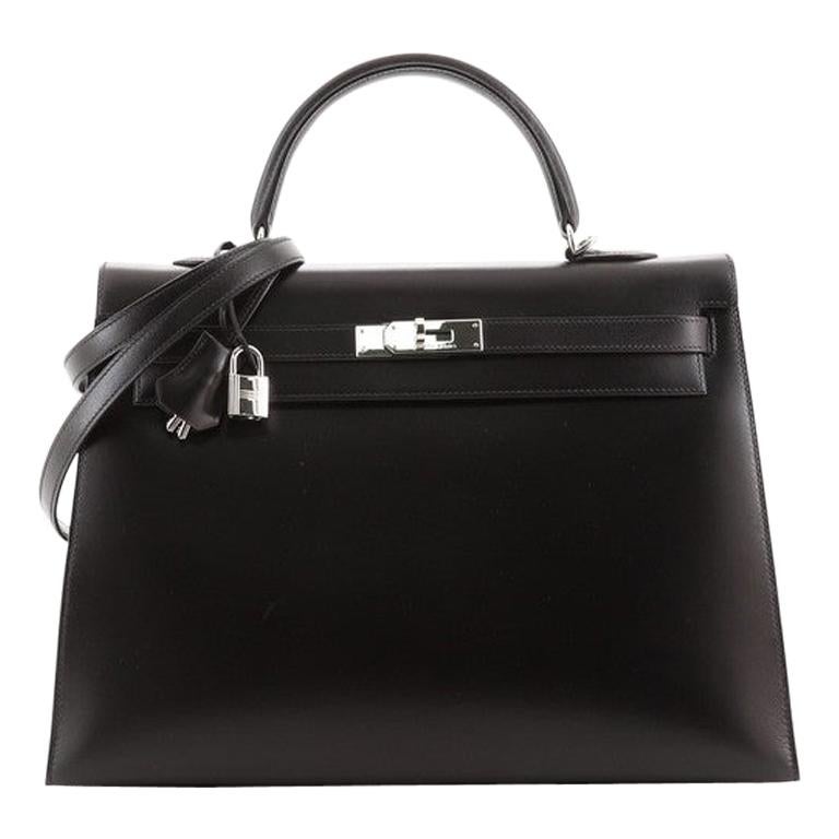 Hermes Kelly Handbag Noir Box Calf with Palladium Hardware 35