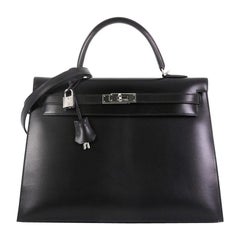 Hermes Kelly Handbag Noir Box Calf with Palladium Hardware 35