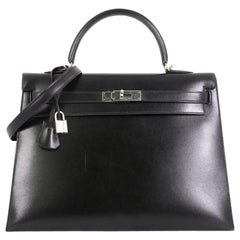 Hermes Kelly Handbag Noir Box Calf With Palladium Hardware 35