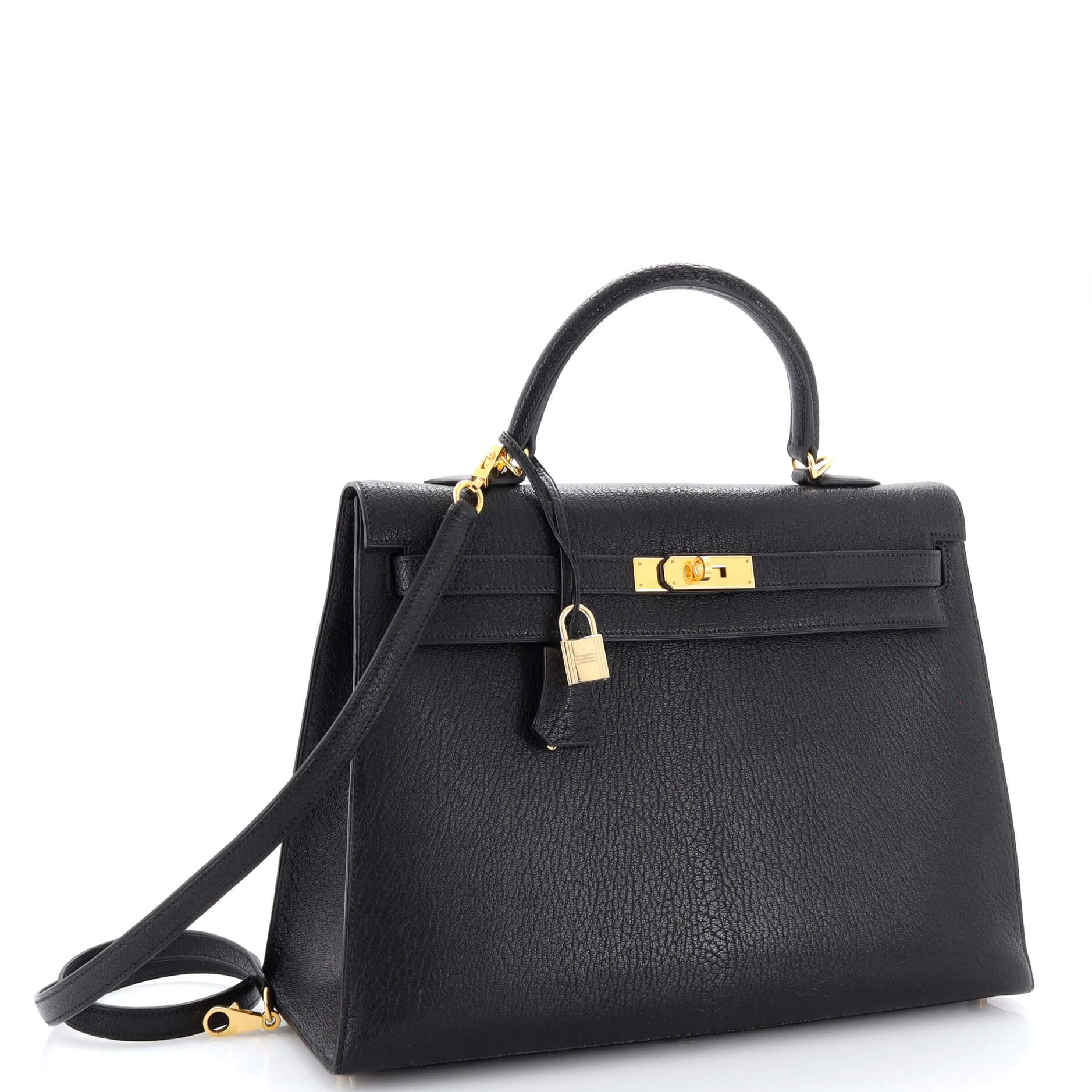 Hermes Kelly Handbag Noir Chevre de Coromandel with Gold Hardware 35 In Good Condition In NY, NY