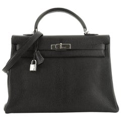 Hermes Kelly Handbag Noir Chevre De Coromandel With Palladium Hardware 35