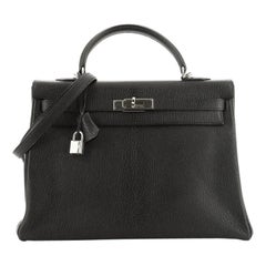 Hermes Kelly Handbag Noir Chevre de Coromandel with Palladium Hardware 35