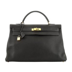 Hermes Kelly Handbag Noir Clemence Gold Hardware 40