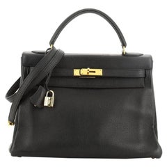 Hermes  Kelly Handbag Noir Clemence with Gold Hardware 32