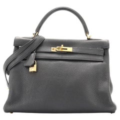 Hermes Kelly Handbag Noir Clemence with Gold Hardware 32