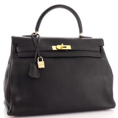 Hermes Kelly Handbag Noir Clemence with Gold Hardware 35