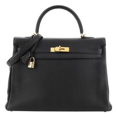 Hermes Kelly Handbag Noir Clemence With Gold Hardware 35 