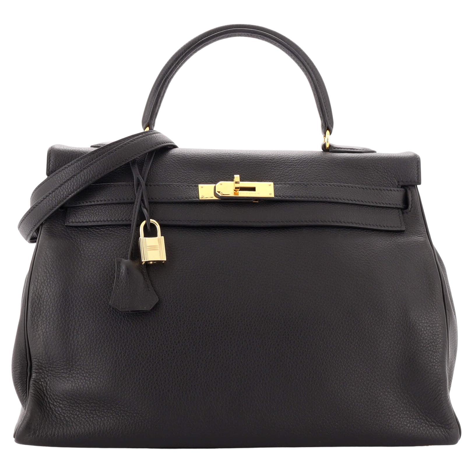 Hermes Kelly Handbag Noir Clemence with Gold Hardware 35 For Sale