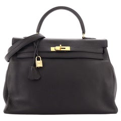 Hermes Kelly Handbag Noir Clemence with Gold Hardware 35