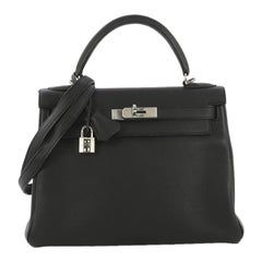 Hermes Kelly Handbag Noir Clemence with Palladium Hardware 28