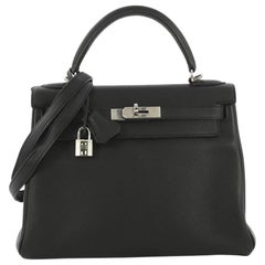 Hermes Kelly Handbag Noir Clemence with Palladium Hardware 28