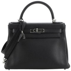 Hermes Kelly Handbag Noir Clemence with Palladium Hardware 28