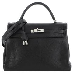 Hermes Kelly Handbag Noir Clemence with Palladium Hardware 32