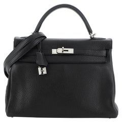 Hermes Kelly Handbag Noir Clemence with Palladium Hardware 32