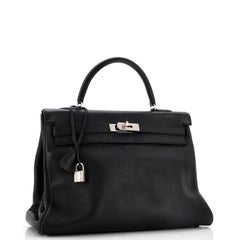 Hermes Kelly Handbag Noir Clemence with Palladium Hardware 35