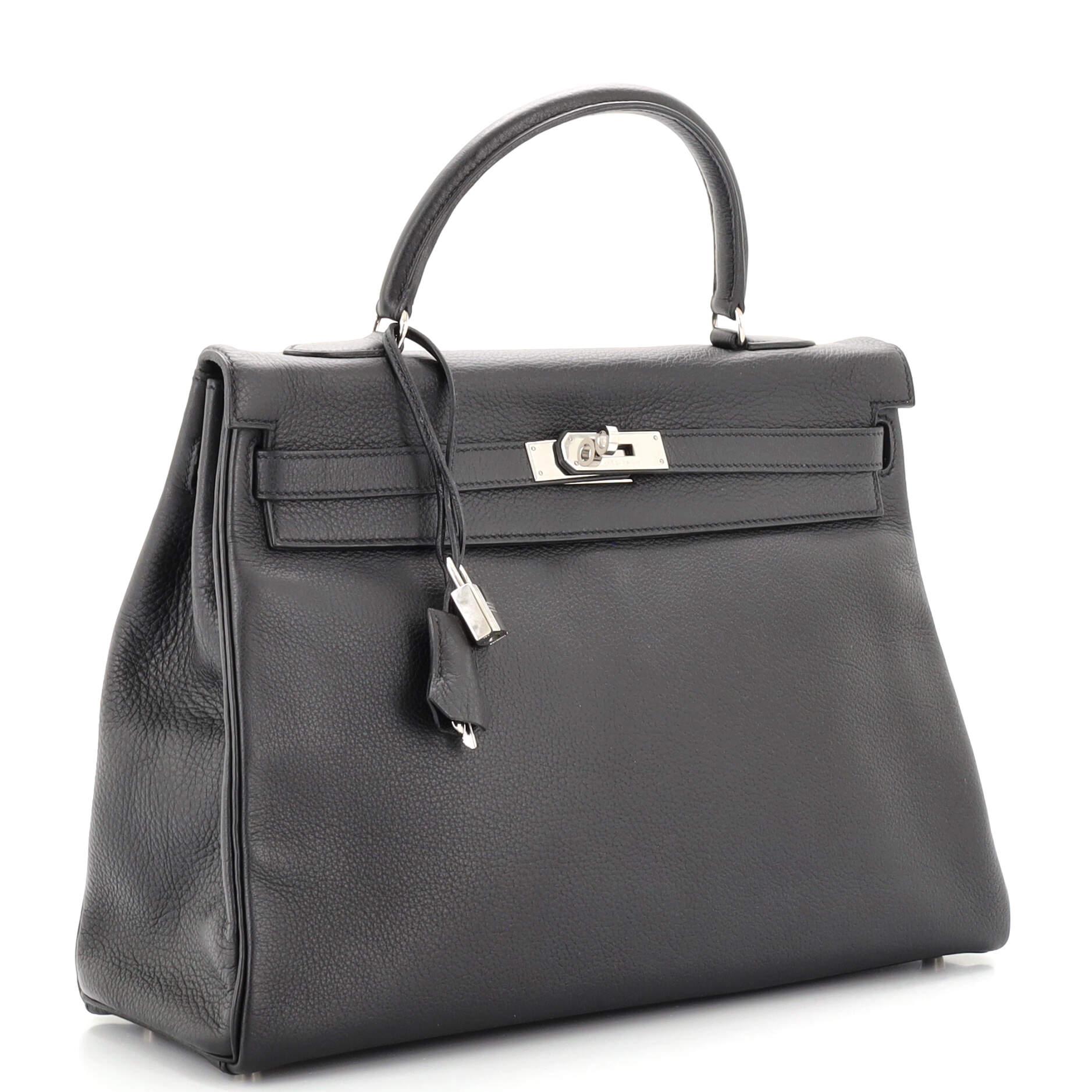 Hermes Kelly Handbag Noir Clemence with Palladium Hardware 35 In Good Condition In NY, NY