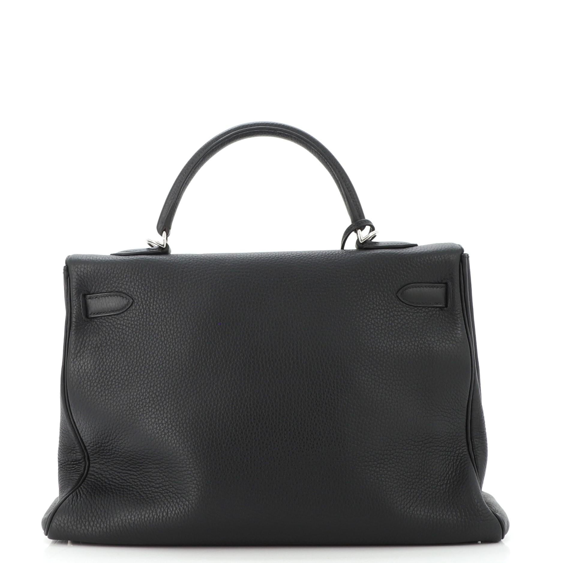 Black Hermes Kelly Handbag Noir Clemence with Palladium Hardware 35