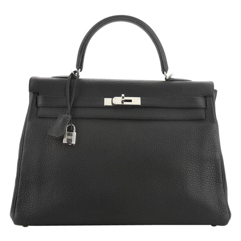 Hermes Kelly Handbag Noir Clemence With Palladium Hardware 35 