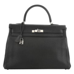 Hermes Kelly Handbag Noir Clemence With Palladium Hardware 35