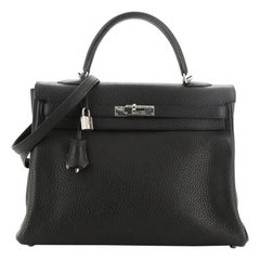 Hermes Kelly Handbag Noir Clemence with Palladium Hardware 35