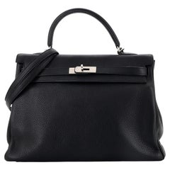 Hermes Kelly Handbag Noir Clemence with Palladium Hardware 35