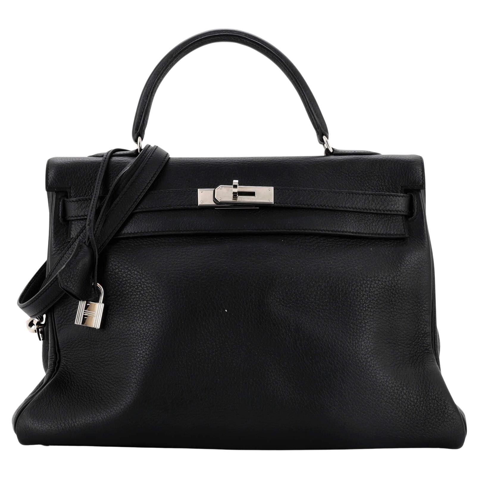 Hermes Kelly Handbag Noir Clemence with Palladium Hardware 35 For Sale