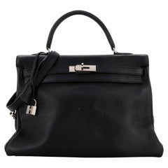 Hermes Kelly Handbag Noir Clemence with Palladium Hardware 35