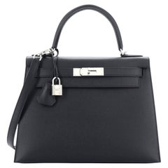 Hermes Kelly Handbag Noir Epsom with Palladium Hardware 28