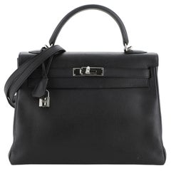 Hermes Kelly Handbag Noir Epsom with Palladium Hardware 32