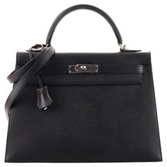 Hermes Kelly Handbag Noir Epsom with Palladium Hardware 32