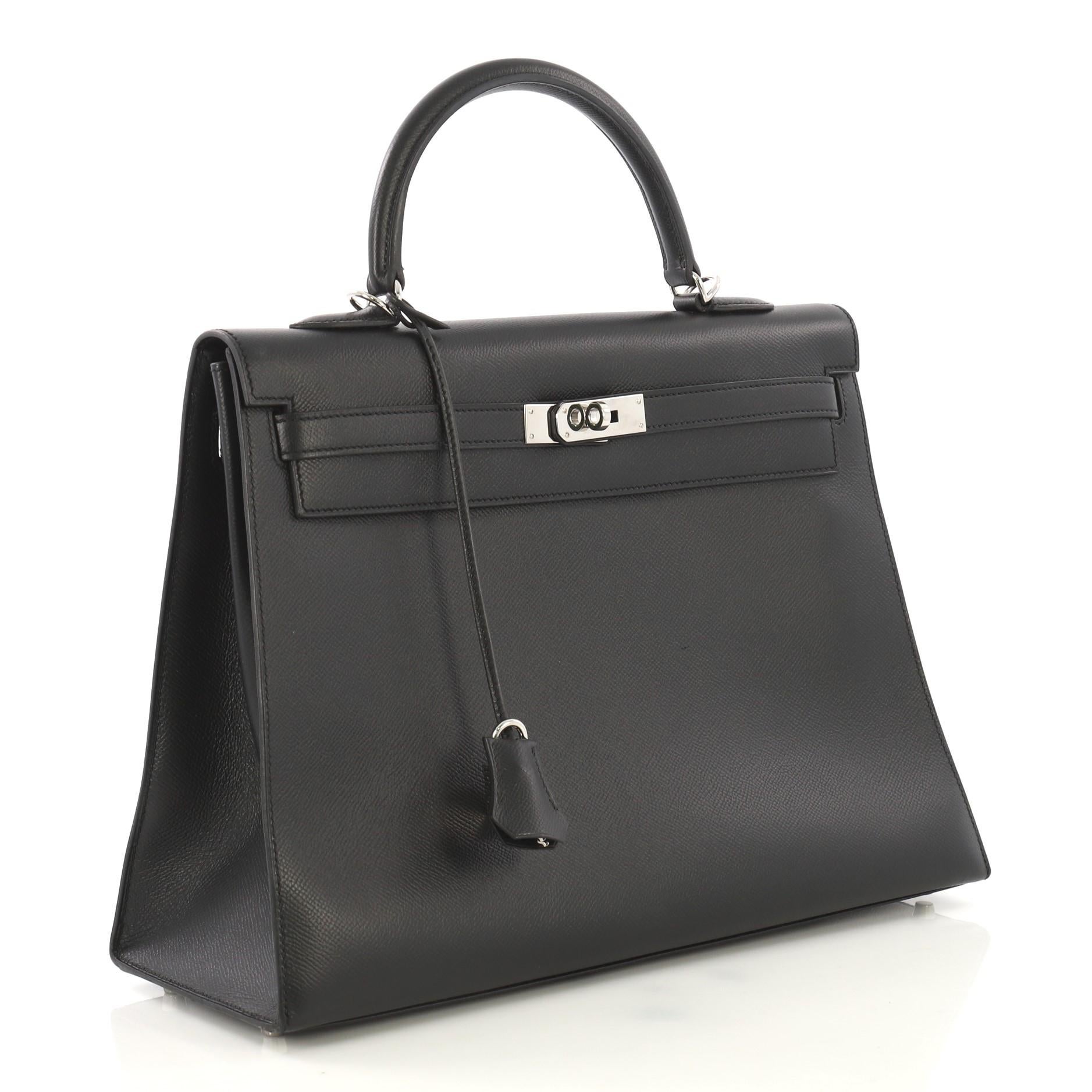 Black Hermes Kelly Handbag Noir Epsom with Palladium Hardware 35