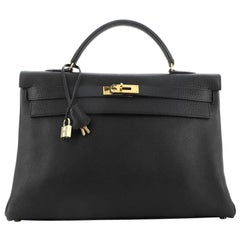 Hermes Kelly Handbag Noir Fjord with Gold Hardware 40