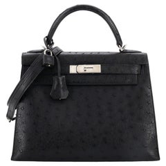 Hermes Kelly Handbag Noir Ostrich with Palladium Hardware 25