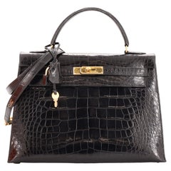 Hermes Kelly Handbag Noir Shiny Alligator with Gold Hardware 32