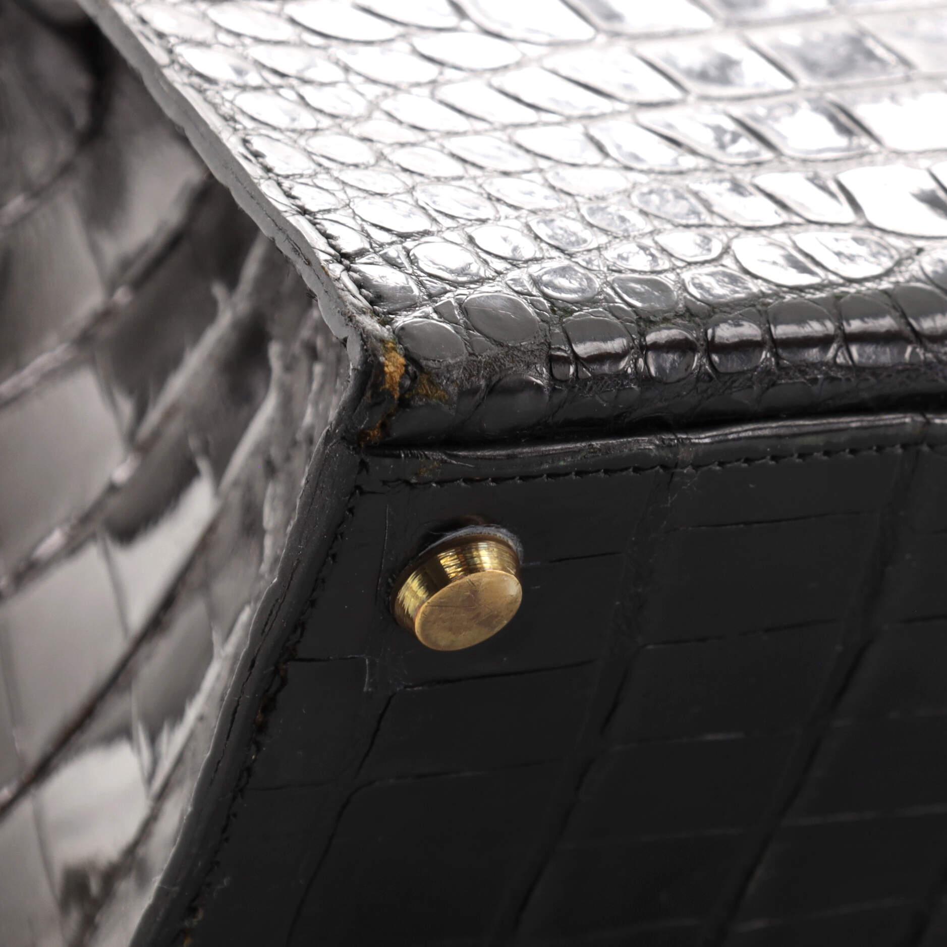Hermes Kelly Handbag Noir Shiny Porosus Crocodile with Gold Hardware 32 6